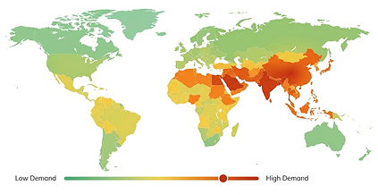 World map heatmap of demand intensity by region